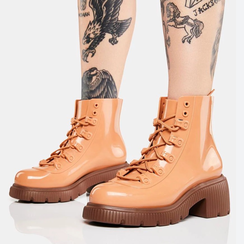 Like New Melissa Cosmo Lace Boots Bronze/Beige Platform Festival size 10